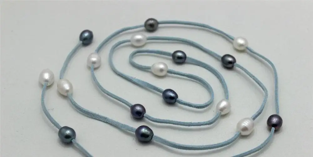 

blue Leather long necklace Freshwater pearl"Handmade" No Metal Strand/String 48" a(5.18)