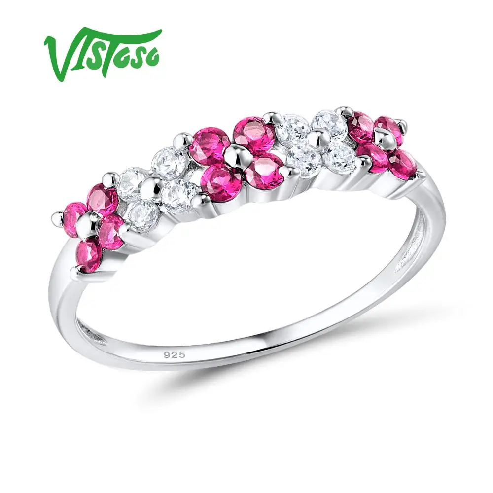 

VISTOSO 925 Sterling Silver Rings For Women Pink Flower Natural Cute Romantic Created Ruby Round Cubic Zirconia Fine Jewelry