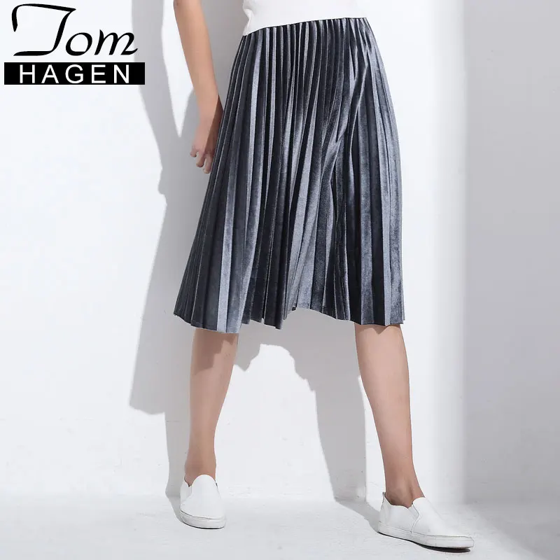 

Tom Hagen Female Long Warm High Waist Skirts Elegant Green Velvet Skirts Retro Women Skirt Pleated Faldas Long Jupe For Women