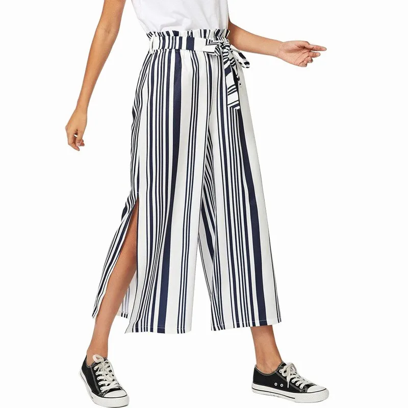 

Spring Autumn Europe and The United States Women's Explosions Pants Fashion High Waist Striped Open-legged Pants Women