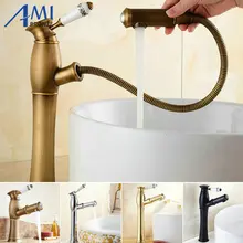 Вытащить кран Смесители для умывальника латунь Медь бассейна смесителя Керамика ручка на бортике античная/хром/золото/черный /Роза pu03