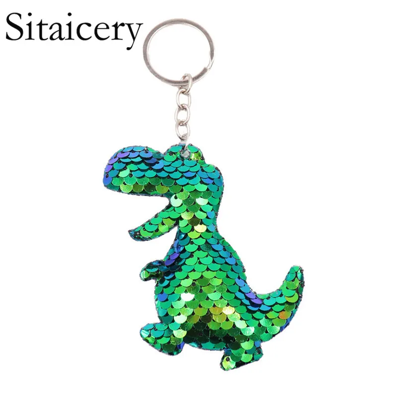 

Sitaicery Dinosaur Cute Keychain Pompom Metal Sequins Keychain Keychains For Men Women Llaveros Originales Porte Cles Brelok New