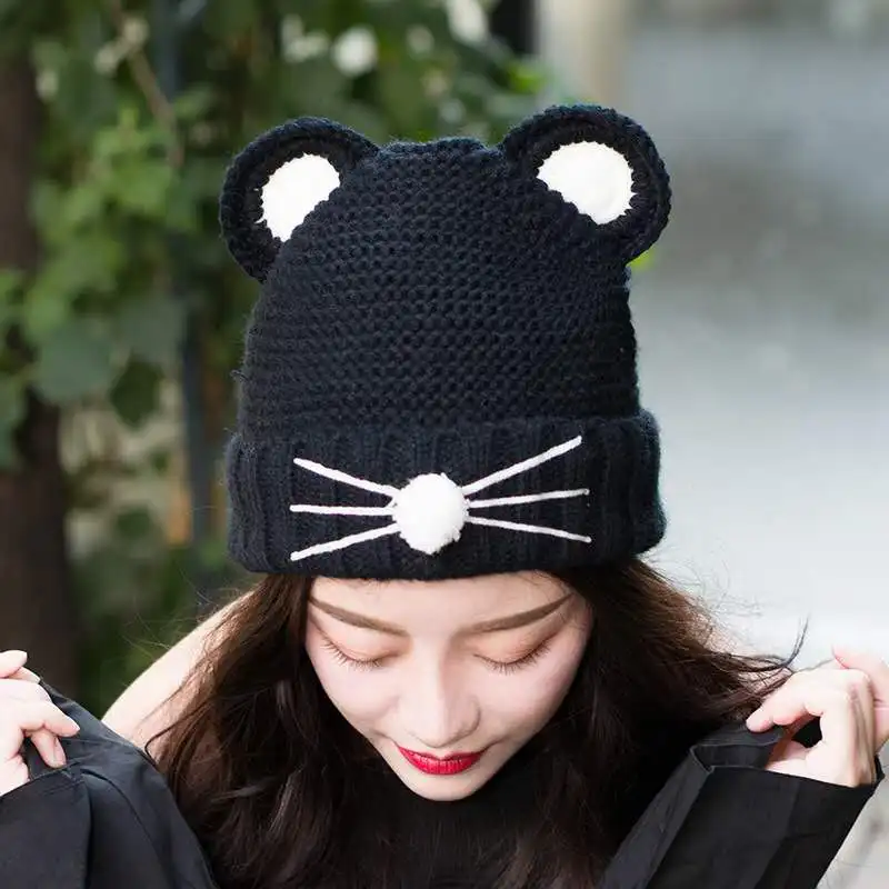

Eyes Marked Hat Fox fur ball cap pom poms winter hat woman hat