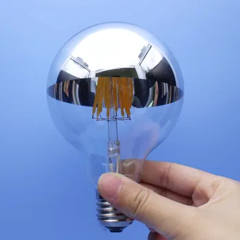 

2pcs G95 8W LED Bulb 120V 110v 220v Top Mirror Half Tipped Chrome Globe silver 2700K Warm Light Edison Retro Shadowless Lamps