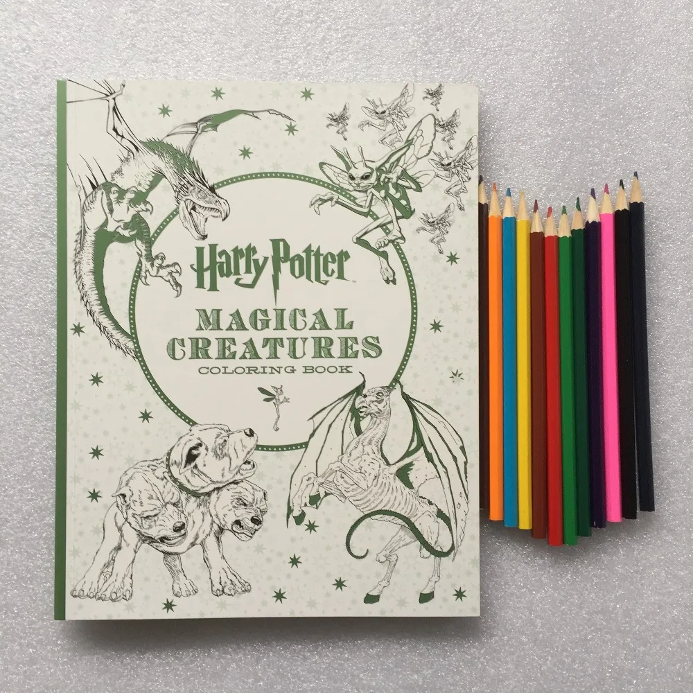 

12 Color Pencils +Magical Creatures Coloring Book Secret Garden Style Adult Stress Relieve Drawing Book
