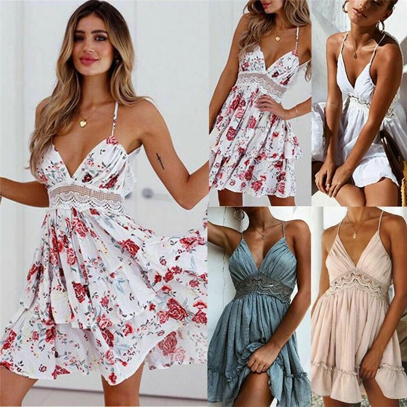 

2019 Fashion Women Summer Casual Sexy Sleeveless Elegant V-neck Hollow Attractive Beach Dresses Mini New Arrival