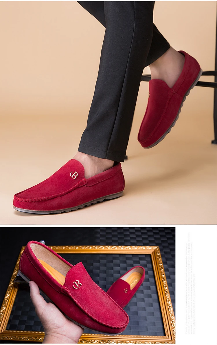 Мужские лоферы; Повседневная обувь; мужские замшевые лоферы на плоской подошве; модная мужская обувь для вождения; однотонные Мокасины без застежки; Цвет Красный