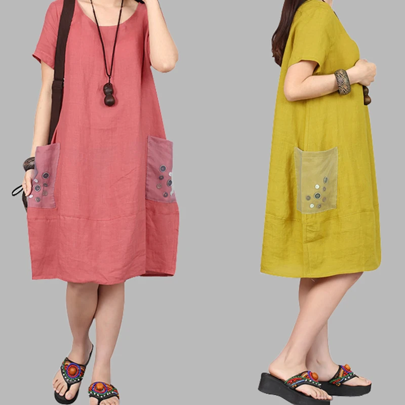

New Summer Dress Plus size Women's Clothing Solid Color Slim Cotton Linen Dress Women Short Sleeve Loose Casual Dresses Female