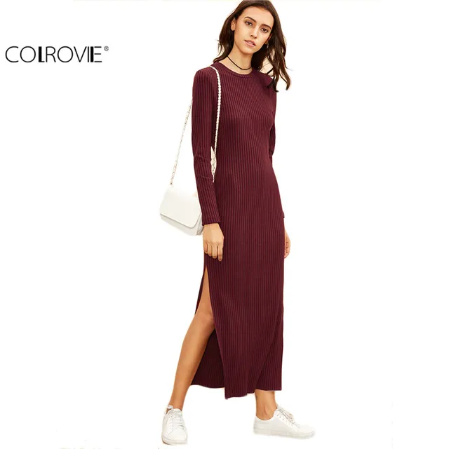 Colrovie Winter Dresses For Women European Style Fall Colrovie Winter Dresses For Women European Style Fall Burgundy Knitted Long Sleeve High