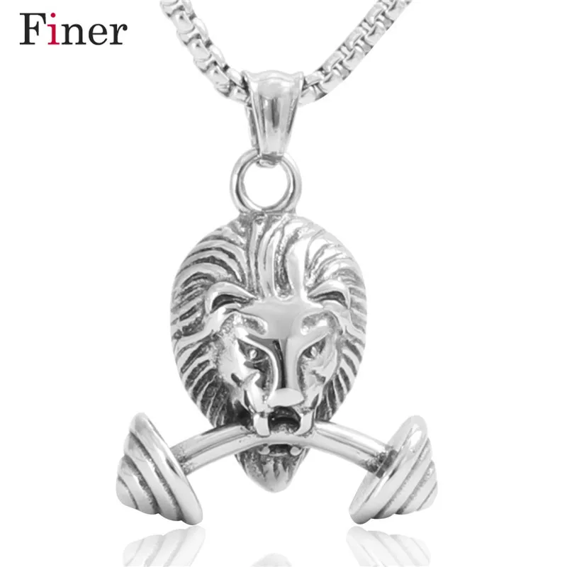 

European and American jewelry titanium steel lion pendant necklace trend men's gift stainless steel lion dumbbell pendant