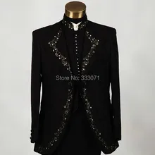 Смокинги для жениха на заказ, приталенные, с вышивкой, черные, белые Женихи, мужские свадебные костюмы, пиджак+ брюки+ жилет