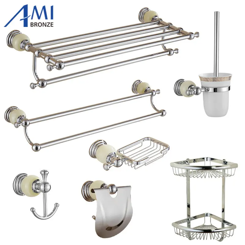 512C سلسلة الكروم البولندية النحاس و اليشم الأجهزة هوك منشفة رف منشفة الحمام الجرف سلة رقة حامل صحن الصابون حامل