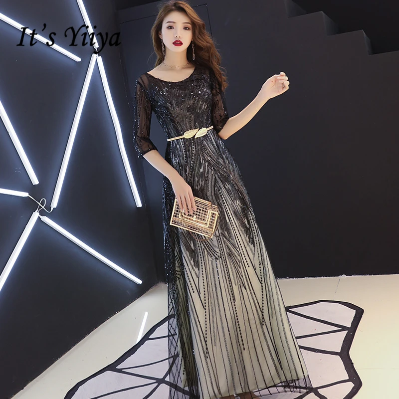 

It's YiiYa Evening Dresses Sequined Illusion Wedding Formal Prom Dress Half-sleeves Lace Sashes A-line long Party Gowns E306