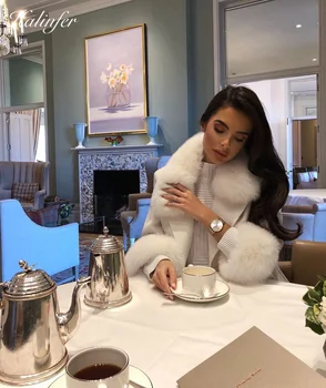 

Halinfer 2019 new winter women Loose coat Turn-down Collar Double Breasted Woollen cloth elegant celebrity party beige vestidos