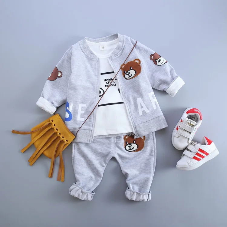 2016 весенне-осенний Детский костюм из трех предметов новый костюм для мальчиков рубашка на молнии с медведем из чистого хлопка