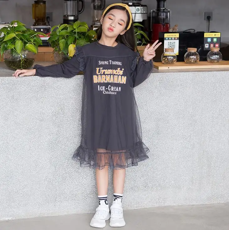 

2018 new wholesale girls patchwork dress fashion cotton mesh autumn spring girls dresses 5-10t A83