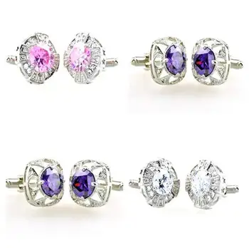 

10pairs/lot White/Pink/Purple Zircon Cufflinks Big Crystal Cuff Links Hollow Designed Cufflinks Men's Wedding Jewelry Wholesale