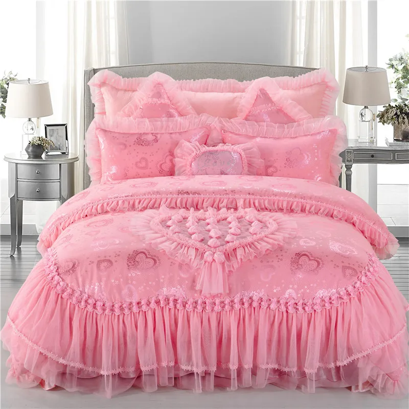 

100% Satin silk embroidered jacquard pink red lace wedding bedding set 6 pcs,princess duvet cover housse de couette,sabanas