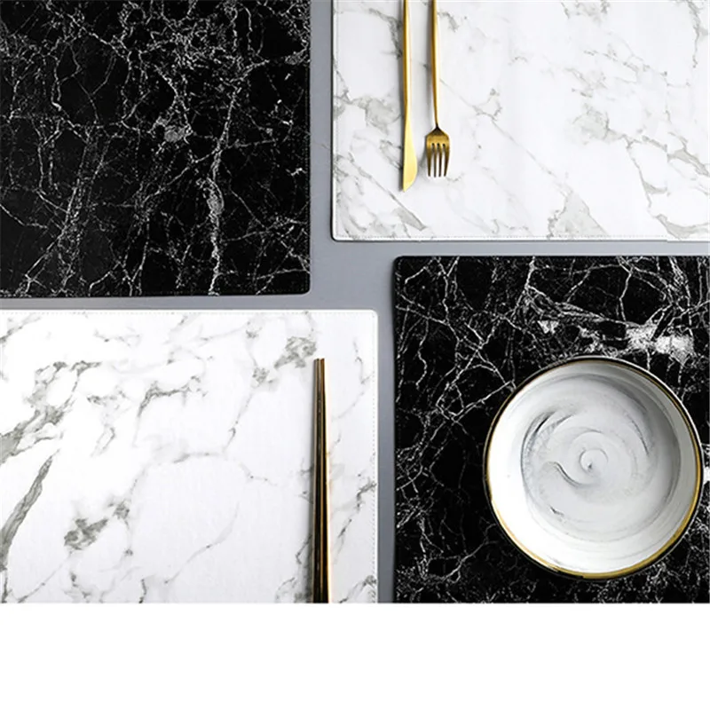 Placemat 45X32CM Luxury PU Leather Waterproof Table Mat Black White Marble Pattern Placemat for Dining Table Water Coasters Home