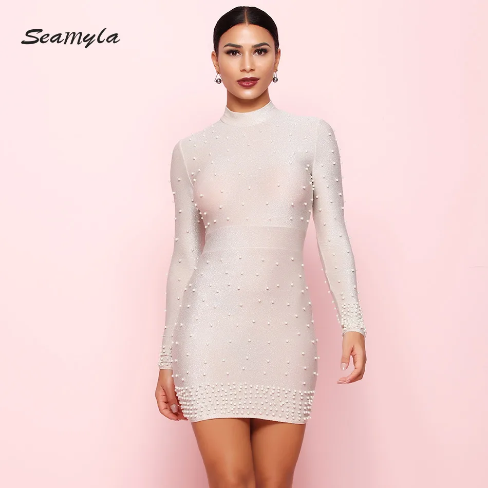 

Seamyla Luxury Vestidos Celebrity Evening Party Dress Woman 2019 Pearls Long Sleeve Dress Bodycon Night Club Sexy Bead Dresses