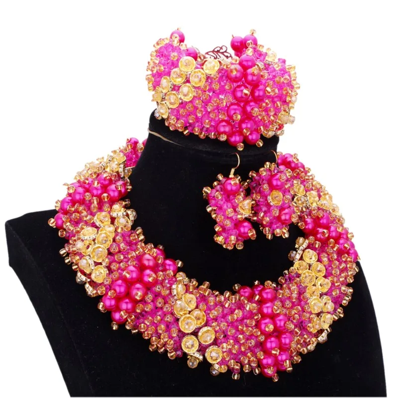 

4UJewelry Earring and Necklace Set Gold & Fuchsia African Antique Imitation Fine Pearls Jewelry Sets Bling Nigerian Beads Set