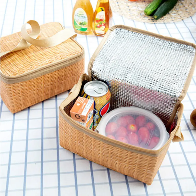 

Imitation Rattan Hot Lunch Storage Bag Portable Plastic Thermal Lunch Tote Bag Cooler Bag Insulated Lunch Box Picnic Bag