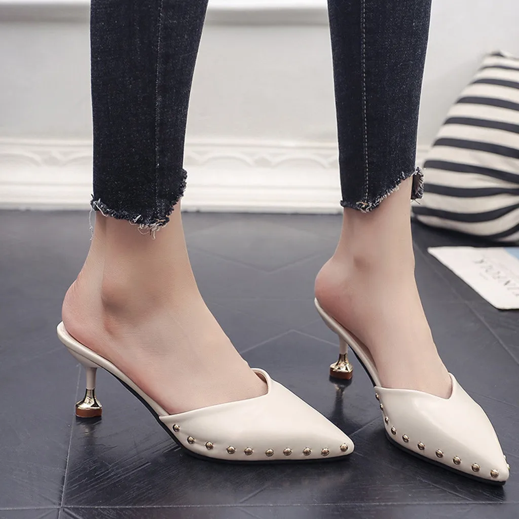 

Candy-colored slippers Ladies Rivet Shoe summer new pointed rivets with high heels flip flops Female sandals Sandalias femenina