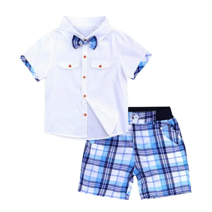 Children Plaid Print Tie T-Shirt Blouse+Pocket Pants Formal Party Set Clothes preppy style adorable cute boy clothes July 23