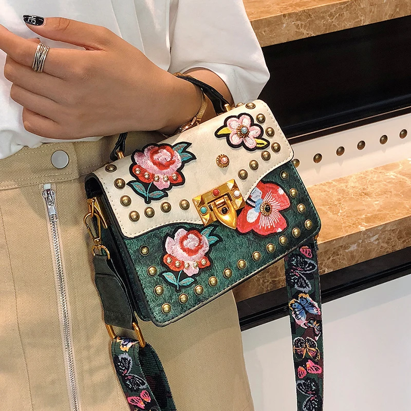 Drop Shipping New Fashion Rivet PU Leather Messenger Bag Flower Embroidery Girls Handbag Ladies Bags For Women 2018 Party Clutch