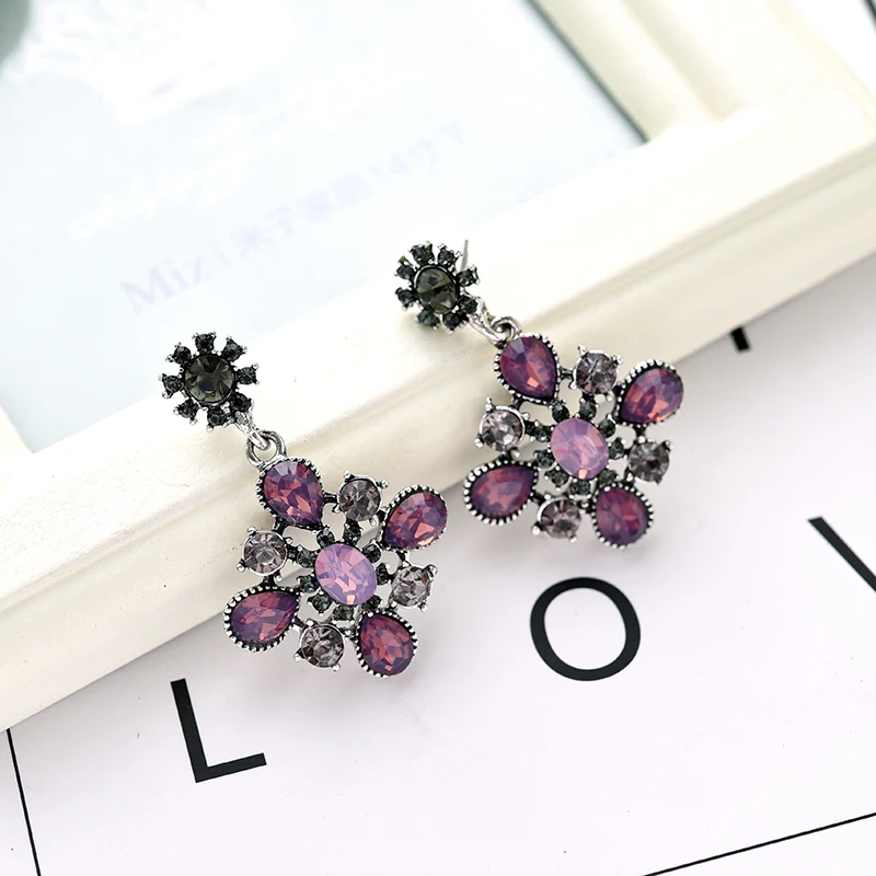 LUBOV благородный фиолетовый кристалл камень кулон трендовые длинные серьги цветок геометрические висячие серьги трендовые женские вечерние ювелирные изделия