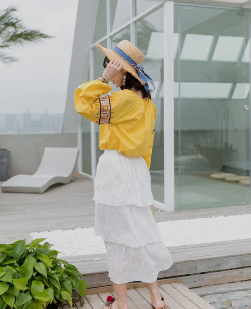 Rojo Nuevo Nacional Moda Camisa Yingyuanfang blanco Versión De Muñeca amarillo Fresco Suelta Coreana La Bordado Pequeño 4OwxwX