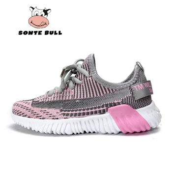 

Summer Light Lace-up Girls Sport Shoes Soft Non-slip Children Running Shoes Breathable Flying Weaving Women Sneakers Size 28-40