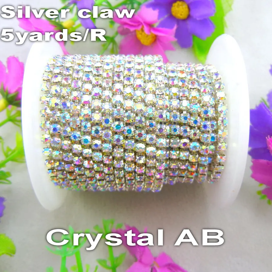 

Factory sale 5yards/R High density Crystal AB clear color Rhinestone Silver base Close cup Chain Sew On glue on for craft diy