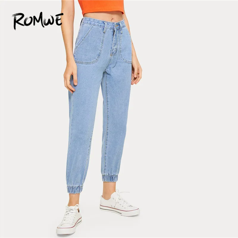 

ROMWE Blue Button Fly Pocket Detail Mid Waist Casual Women Crop Jeans Fashion Solid Ankle-Length Cargo Denim Pants