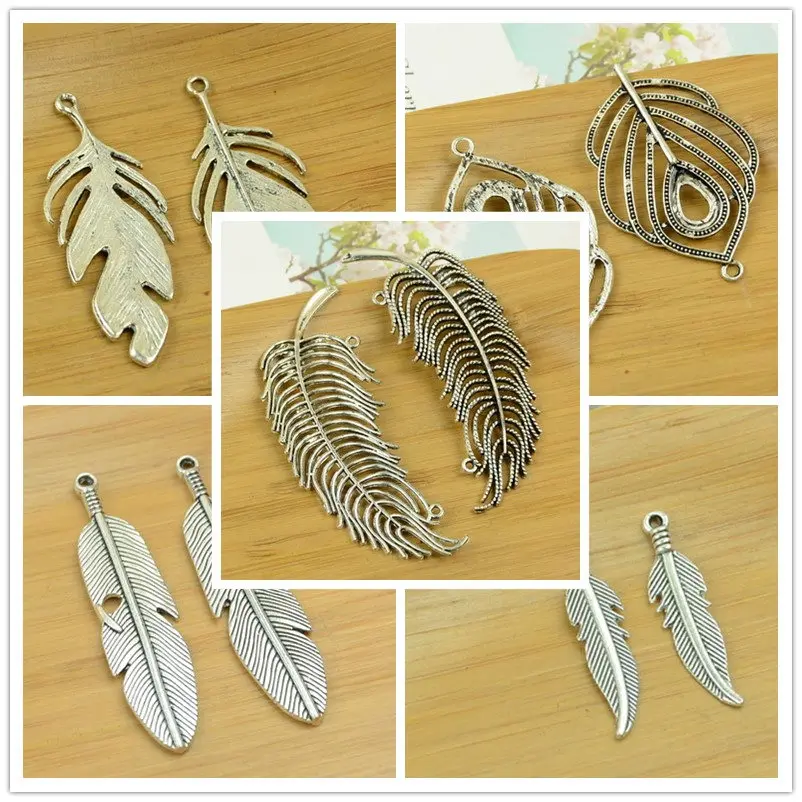 

feather/plume/peacock shape alloy DIY charm pendant jewerly accessories findings antique silver bracelet necklace free shipping