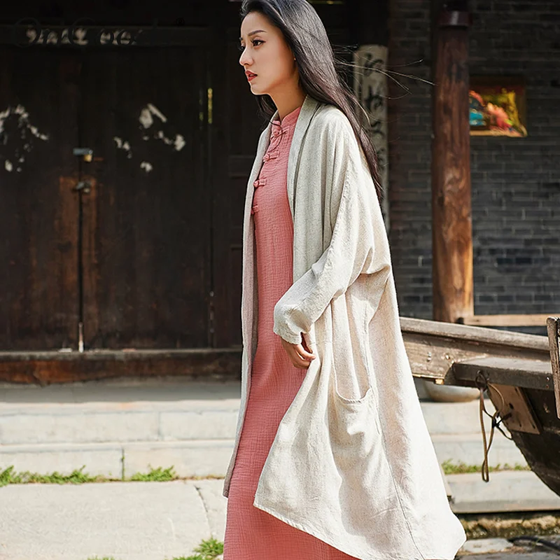 

OriGoods Vintage Long Kimono Shirt Women Linen Plus size Long sleeve Shirt Kimono style Blouse for Women Summer Long Tops B263