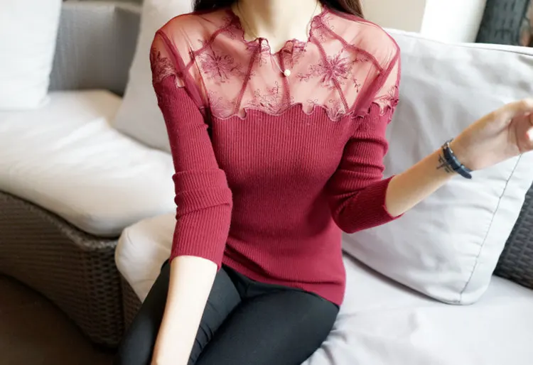 Sexy Slim Pullovers Female 2019 New Long Sleeve Gauze Lace Stitching Sweater Women Fashion Knitted Sweater Sueter Mujer (7)