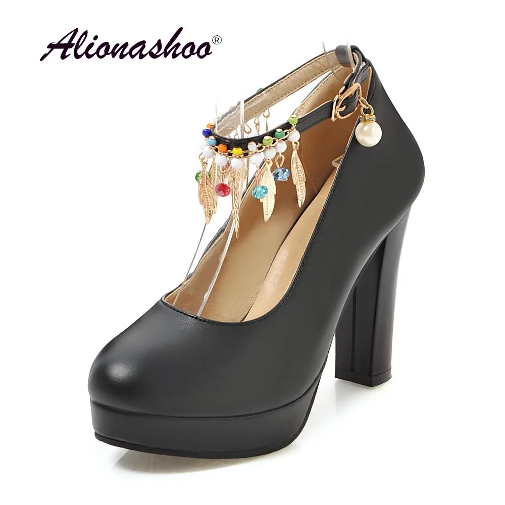 

2019 New Spring/Autumn Black String Bead Buckle Party Shoes Fashion Round Toe Square High Heel Women Shoes Plus Size 34-44