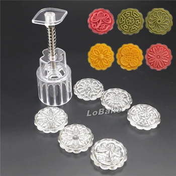 

50g 6+1 Clear transparent Chinese lotus flowers shape mooncake mold set fondant candy pineapple green bean moon cake mould