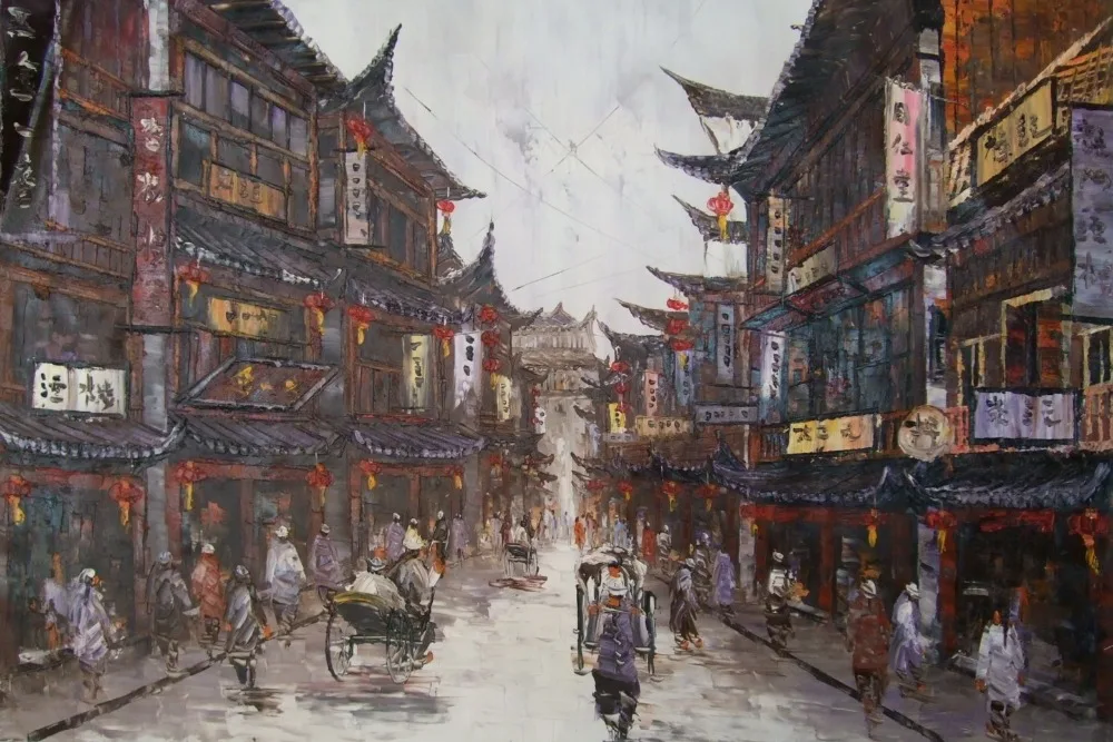 Hand Painted Oil Painting on Canvas China Shanghai Street Cityscape