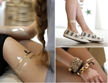 

4sheets Fashion Colorful Gold Metallic Tattoo Temporary Flash Tattoo Tatuagem 10 Models for Choose Beach Tattoo