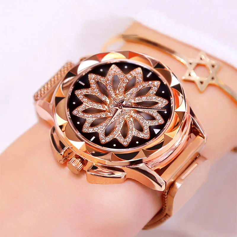 

Luxury Crystal Rose Gold Ladies Watch 2019 Fashion Waterproof Women Starry Sky Flower Magnetic Wrist Watches relogio feminino