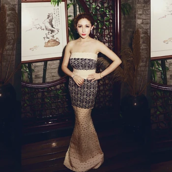 

Fashion Women Elegant 2018 Sexy Maxi Strapless Patchwork Bandage Dress Hollow Out Jacquard Summer Celebrity Evening Party Festa