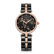 BUREI 3029 Швейцария смотреть Женщины Одеваются Часы с Swarovski Crystal Акцентом Черный Керамический и Розовое Золото-Тон