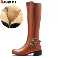 ASUMER 大サイズ 34-46 女性ニーハイとレトロ女性のオートバイのブーツ厚い毛皮暖かい冬の雪のブーツ