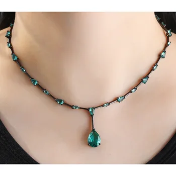 

2019 Hot Black Copper Pendant Necklace Water Drop Green AAA Cubic Zirconia Black Fashion Necklaces For women jewelry statement
