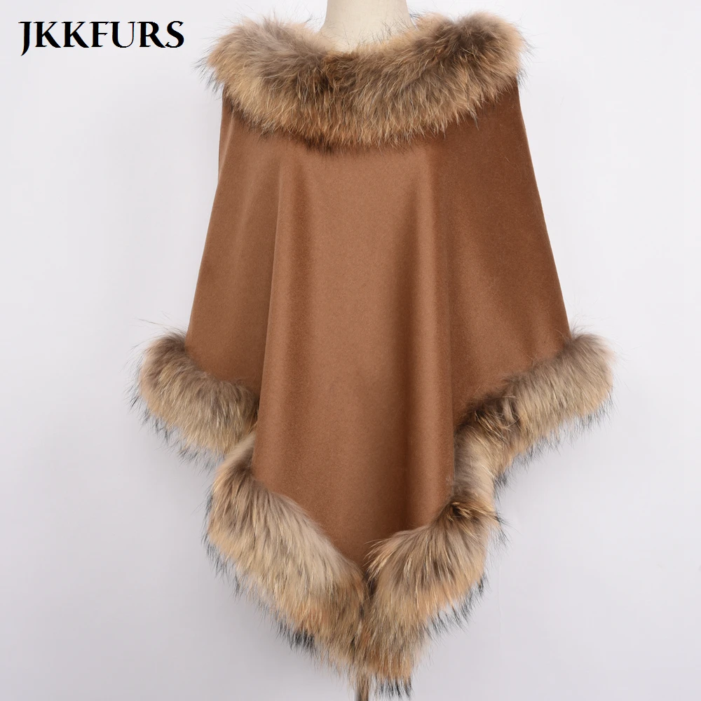 

New Women Brown Pashmina Cashmere Coat Shawls With Fur Wool Scarf Fox Fur Raccoon Fur Collar Poncho Wrap Outwear Real Fur S7447