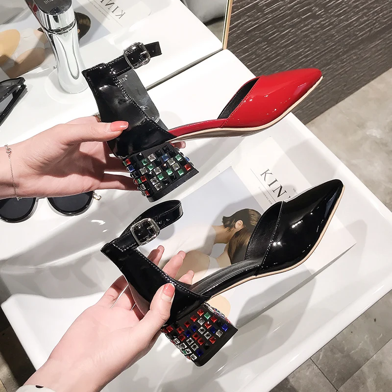 

White Crystal Square High Heels Pointed Toe Women Sandals Buckle Strap sandalias mujer 2019 Summer Fenty Beauty Pumps Shoes
