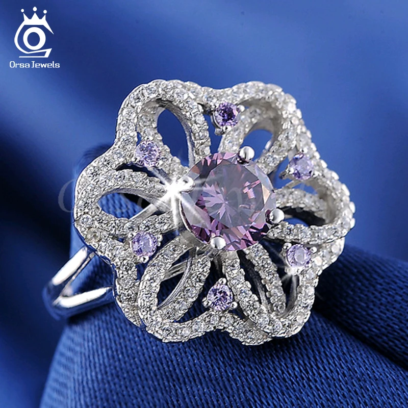 ORSA JEWELS Silver Color Women Ring With AAA Purple Zircon Paved Female Finger's Rings For Women Party Jewelry OR39