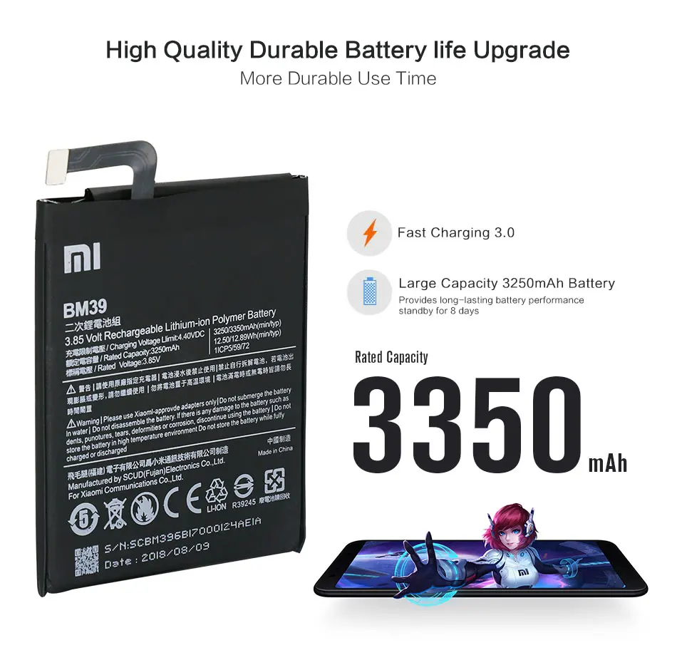 Xiao mi 6 аккумулятор BM39 3350 мАч для Xiaomi mi 6 mi 6 высококачественные Сменные Аккумуляторы для телефонов